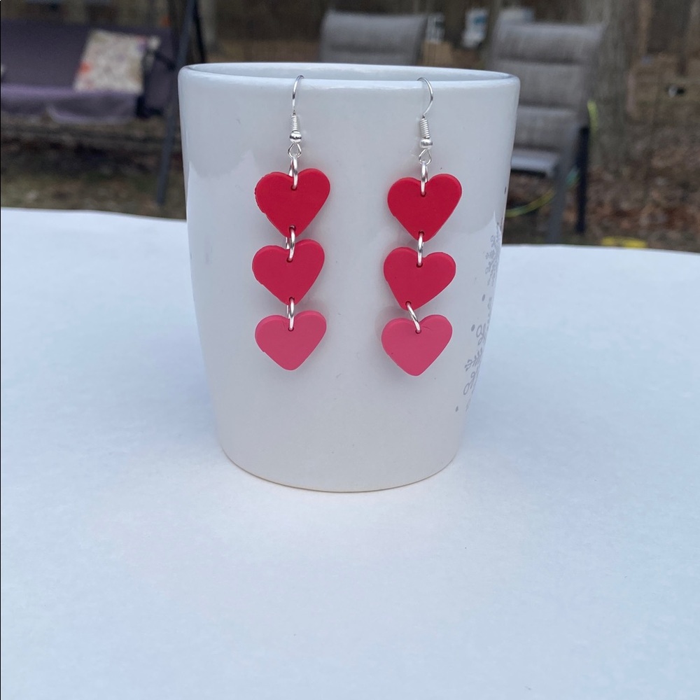 Pink and Red Polymer Clay Cascading Heart Drop Earrings